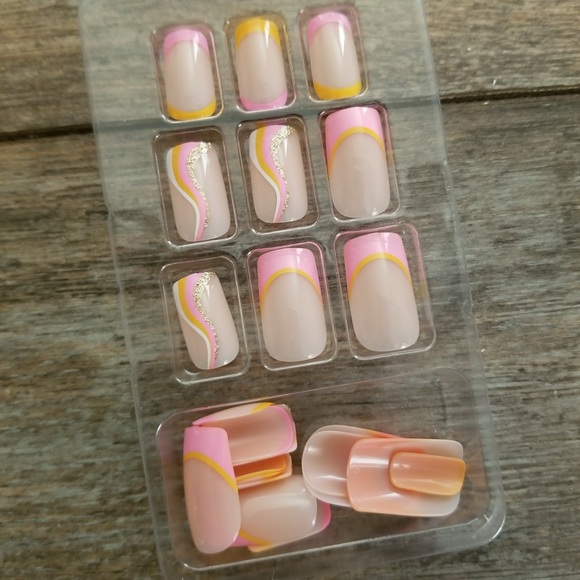Pink and Yellow Press On Nails Press On Nail Set Medium Square Press Ons - Picture 2 of 3